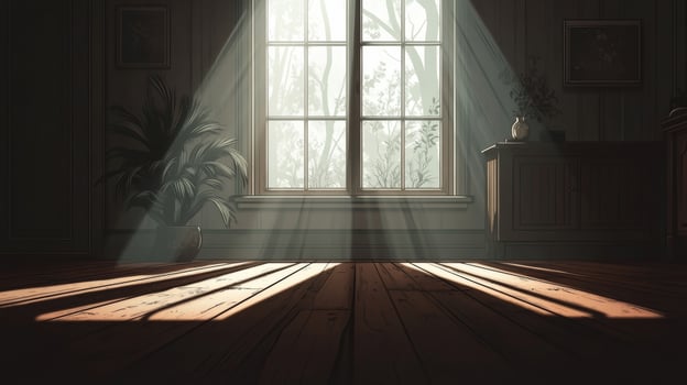Sunlit Interior with Wooden Floors and Lush Greenery in Elegant Room photo