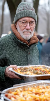 Elderly Man Serving Warm Stew at Outdoor Community Gathering in Winter photo