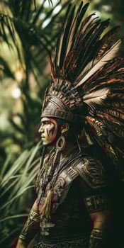 Traditional Warrior in Feathered Headdress Amidst Jungle Setting photo