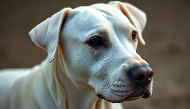 Close up of a Dogo Argentino with dark eyes, short white coat, focused gaze, natural lighting enhancing the fur texture, neutral blurred background, calm and alert demeanor photo