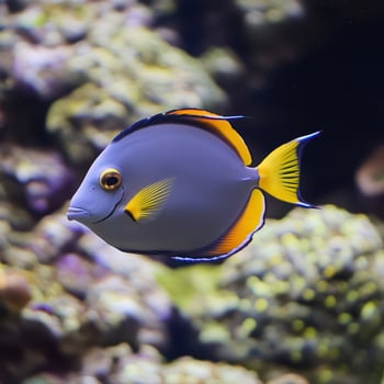 A blue and yellow fish with black and white stripes photo