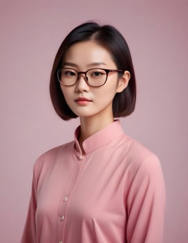 Chic Chinese woman with glasses, embodying confidence and intelligence in a minimalist setting photo