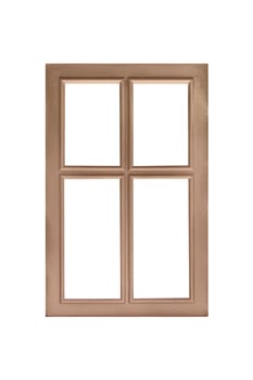 Wooden window wing divided into four sections, with two smaller panes on top and two larger ones below, isolated background and white glass for mockup photo