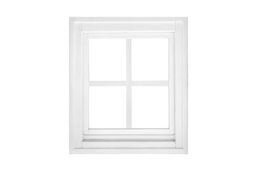 Modern single wing white square window divided into four sections, isolated inside and outside, designed as a clean graphical element photo