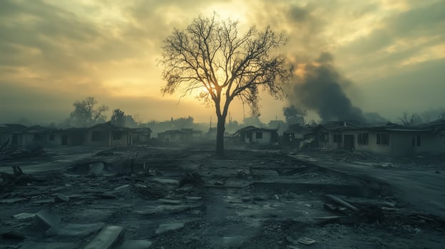 A tree is standing in the middle of a destroyed neighborhood photo