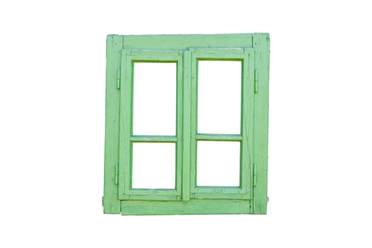 Old wooden window painted green, slightly tilted to the right, featuring four isolated panes, evoking a rustic and weathered charm photo