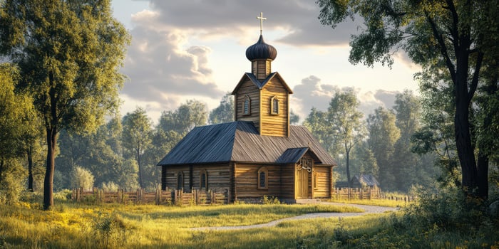 Wooden church stands amidst a serene landscape under a soft afternoon light photo