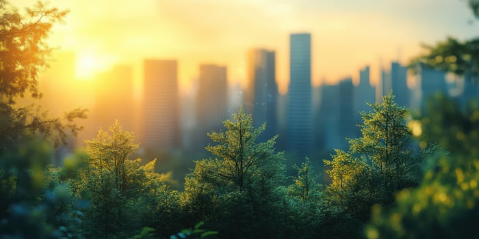 Urban skyline at sunrise surrounded by lush greenery highlighting nature and city life contrast photo