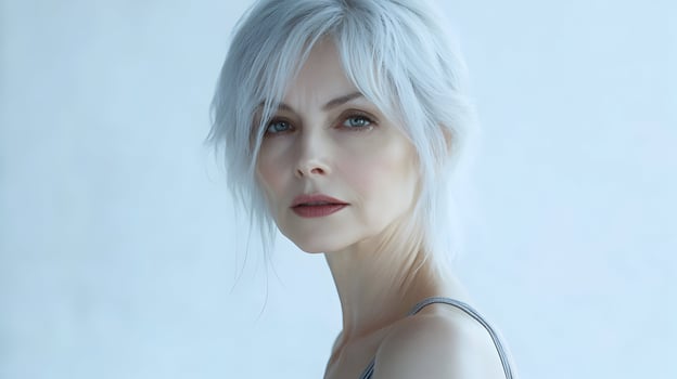 Elegant portrait of a mature woman with silver hair and captivating blue eyes gazing photo