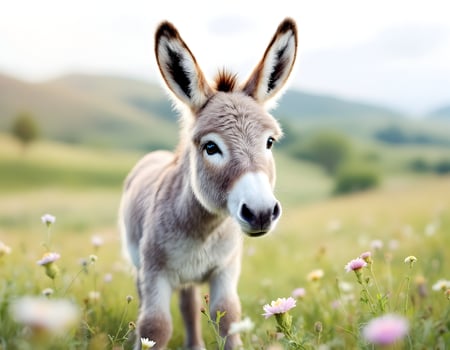 Cute Baby Donkey Standing in Flower Field on a Sunny Day photo