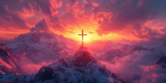 Sunset illuminating a mountain cross with vibrant clouds reflecting orange and purple hues photo