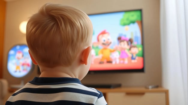 A young child watching a cartoon on tv photo