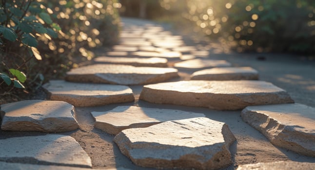 Stone path with sun shining through the trees photo