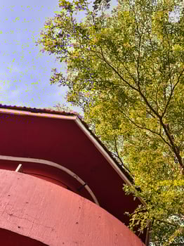 Red Building and Tree Against Blue Sky photo