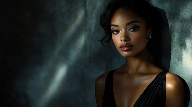 Fashion model in sleek black dress, bold lighting, stunning composition photo