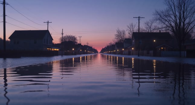 Flooded street at sunset with houses and power lines photo