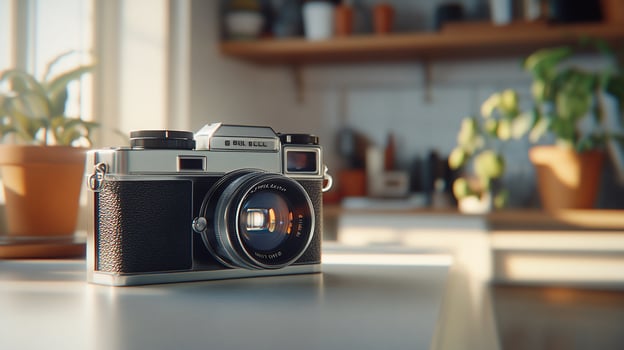 Vintage camera on table in sunlit room. photo
