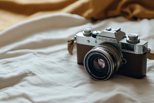 Vintage camera on bed, close-up. photo