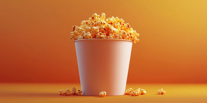 Popcorn in a white container against an orange background during a cozy movie night photo