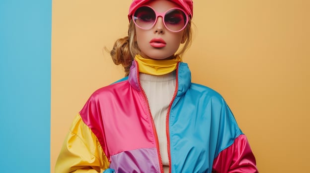 Sunglasses woman dressed in colorful streetwear with retro vibes portrait image. 80s aesthetic female picture photorealistic photography. Nostalgia fashion model concept photo realistic