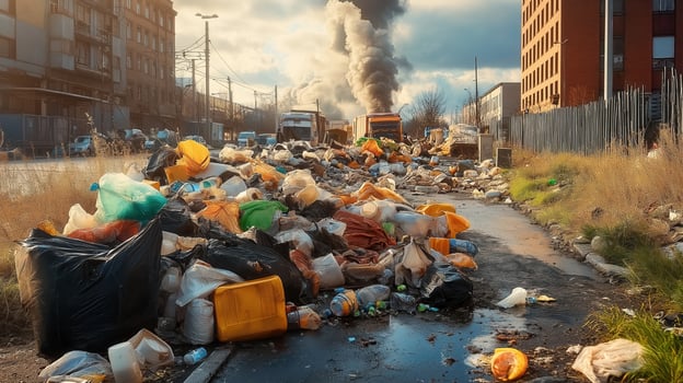 Garbage and trash on the street with smoke coming out of the building photo