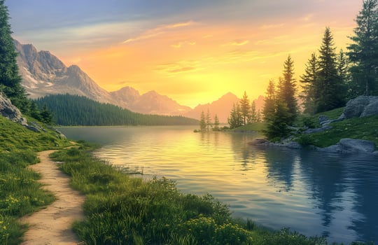 A painting of a mountain lake and path photo