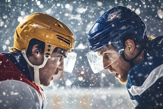 Ice hockey players challenging each other during snowfall photo