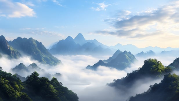 Misty mountain range at sunrise, scenic view. photo