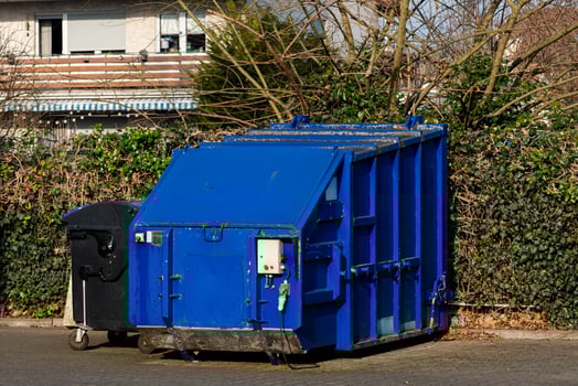 Blue dumpster located near residential area with greenery photo