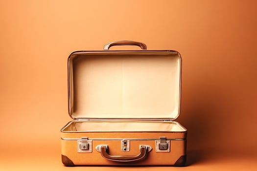 Open vintage suitcase on orange background symbolizing travel and exploration photo