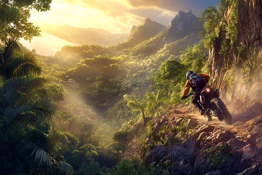Motorcyclist riding on a mountain trail in lush tropical jungle at sunset photo