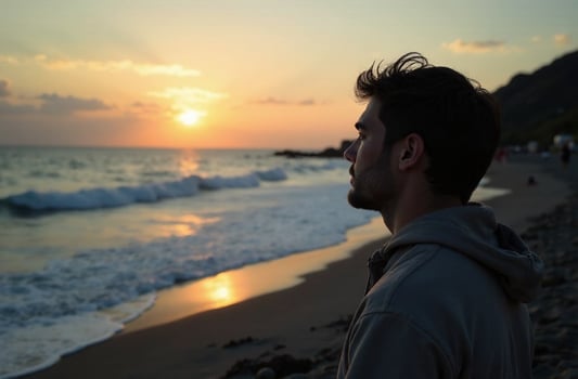 A solitary man stands on a tranquil beach, lost in thought, gazing at the stunning sunset painting the horizon with vivid colors, reflected off the serene sea and peaceful coast photo