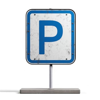 A weathered parking sign on a simple post, featuring a bold blue 'P' for parking, showcasing rustic charm. photo