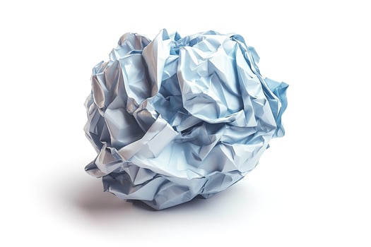A close-up of a crumpled blue paper ball resting on a clean, white surface, showcasing texture and shadow play. photo