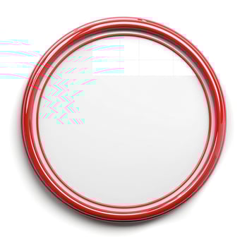 A round mirror with a glossy red frame, reflecting a bright and simple background. photo