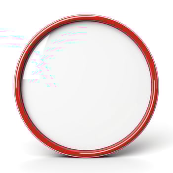 A glossy round white plate with a vibrant red rim, perfect for showcasing culinary creations. photo