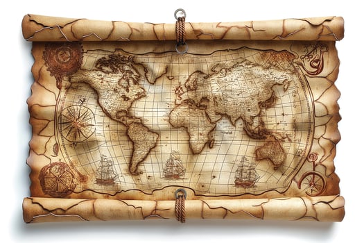 An aged world map on parchment, featuring intricate details, ships, and compass, evoking a sense of adventure and exploration. photo