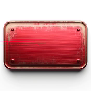 A close-up of a weathered, red metal plate with a brushed texture and rounded edges, showcasing its vintage look. photo