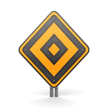 Warning sign with a black diamond pattern on an orange background, indicating caution on the road. photo