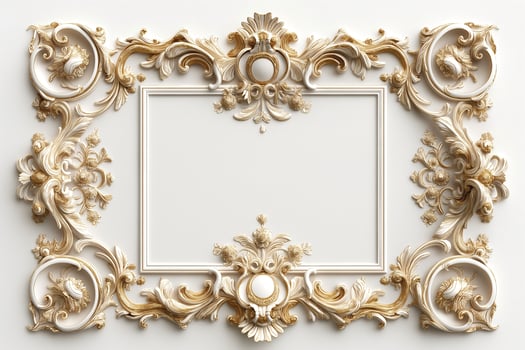 An ornate, vintage-style frame with intricate golden and white detailing, perfect for showcasing art or photographs. photo