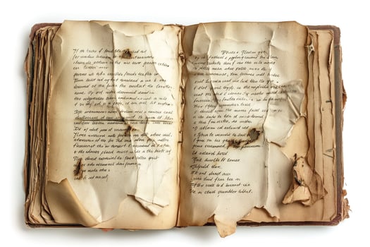 An old, worn-out book with yellowed, fragile pages, revealing faded handwritten text and a sense of nostalgia. photo
