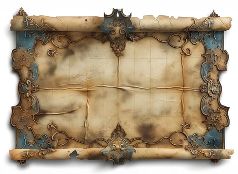 An ornate, vintage-style scroll with intricate borders, showcasing rich hues of blue and brown, perfect for a historical theme. photo