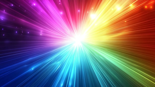 A vibrant burst of light radiates outwards in a spectrum of colors, creating a dynamic and energetic visual display. photo