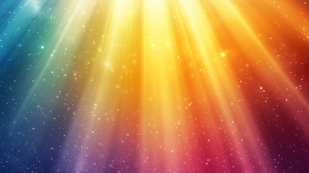 Radiant rays of light and celestial dust cascade across a gradient of rainbow hues, conjuring a mesmerizing abstract spectacle. photo