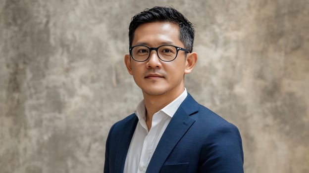 Portrait of an Asian man in a blue suit and glasses against a textured background, showcasing a professional and confident demeanor. photo