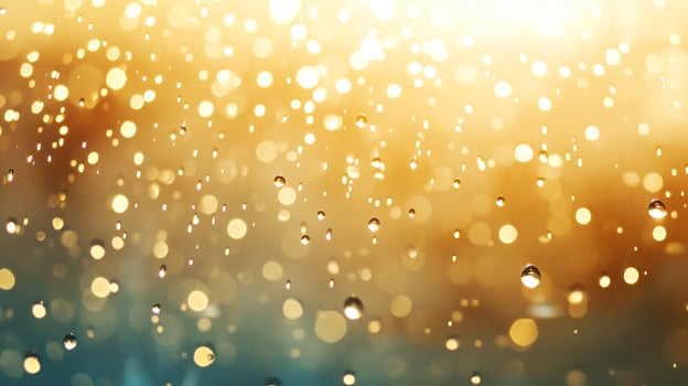 Golden bokeh and water droplets create a dreamy, shimmering abstract, with warm gold gradients and sparkling reflections. photo