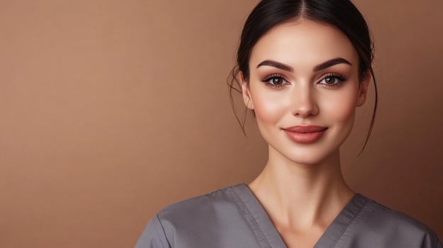 Professional healthcare worker with a warm smile, wearing gray uniform. Serene and confident in her medical practice. Beauty in medicine. photo