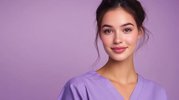 Portrait of a young woman in purple scrubs, her hair pulled back, smiling gently against a matching soft purple background. photo