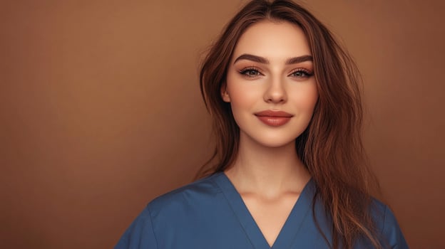 Portrait of woman with long brown hair, wearing blue medical scrubs against a neutral background. Health professional, clean aesthetic. photo