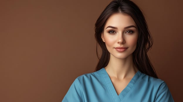 Portrait of a healthcare worker with a warm, approachable expression. She is wearing scrubs against a neutral background, conveying health. photo